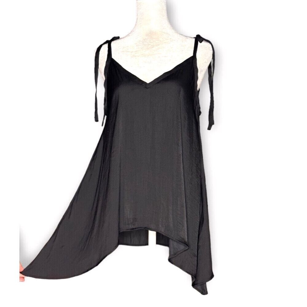 Zara Satin Swing Top Blouse Double V-Neck Sleeveless Black XS NWT